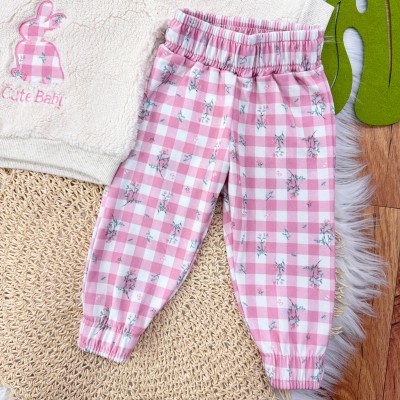Conj. Casaco de Pelinho Coelho Cute Baby e Calça Xadrez com Florzinhas - Areia e Rose